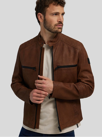 Casual Brown Biker Leather Jacket - Frozva