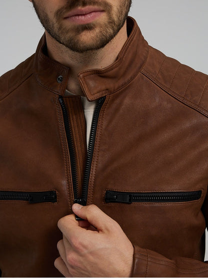 Casual Brown Biker Leather Jacket - Frozva