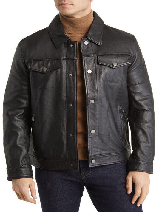 Black Mens Leather Trucker Jacket