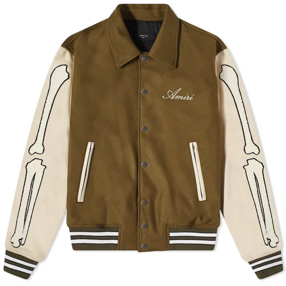 Mens Olive Green and Beige Bone Design Varsity Jacket