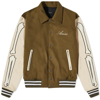 Mens Olive Green and Beige Bone Design Varsity Jacket