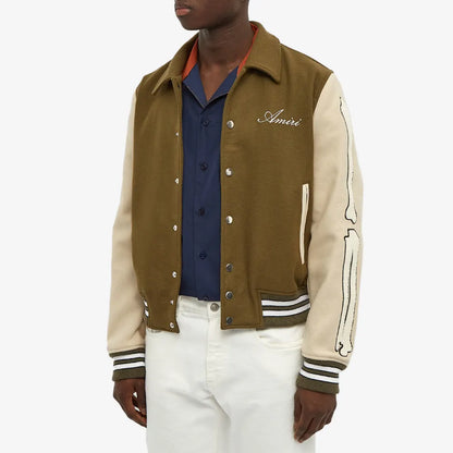 Mens Olive Green and Beige Bone Design Varsity Jacket