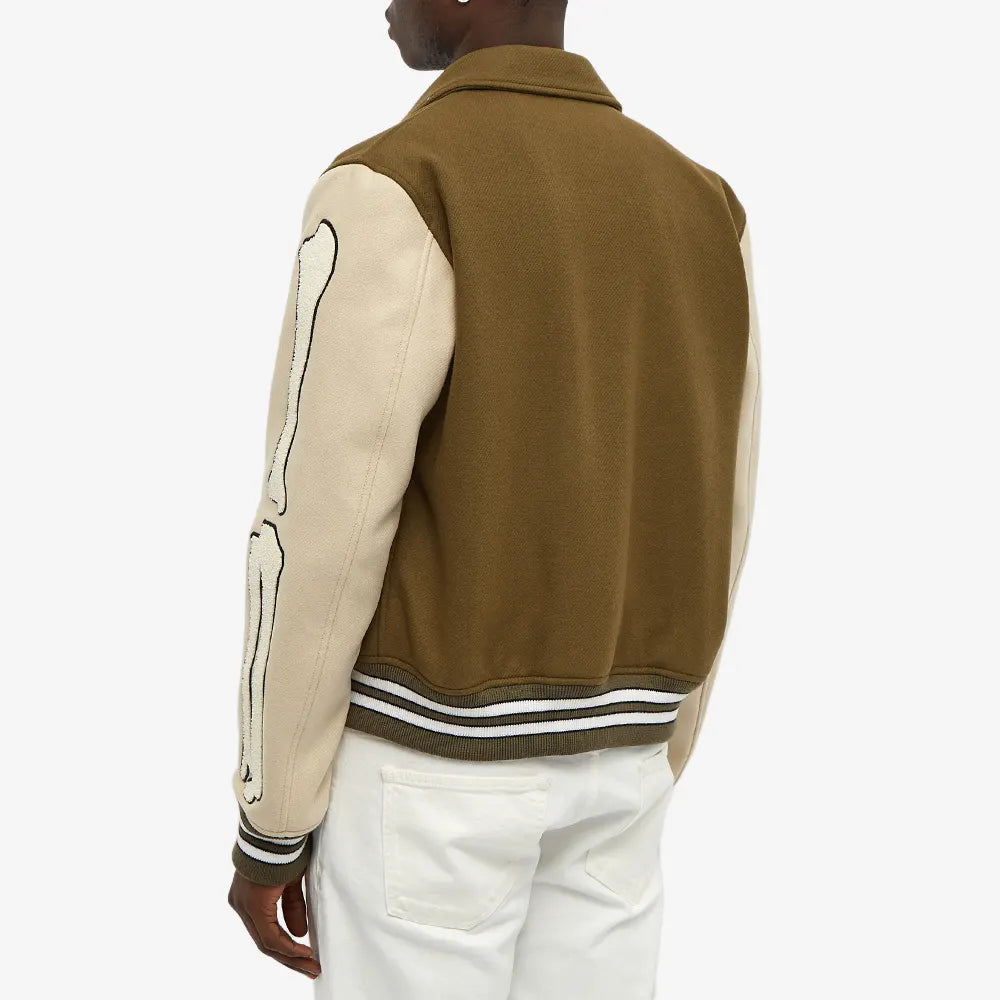 Mens Olive Green and Beige Bone Design Varsity Jacket