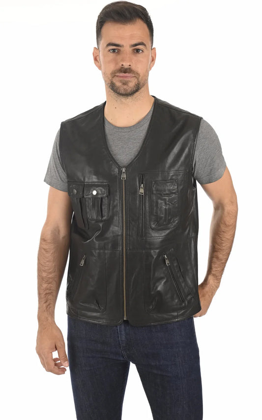 Mens Militry Style Black Leather Vest