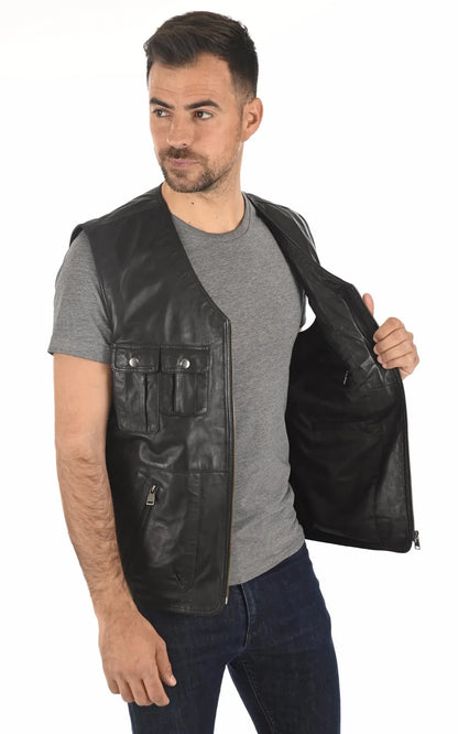 Mens Militry Style Black Leather Vest