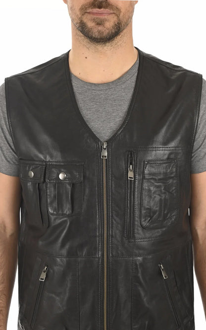 Mens Militry Style Black Leather Vest