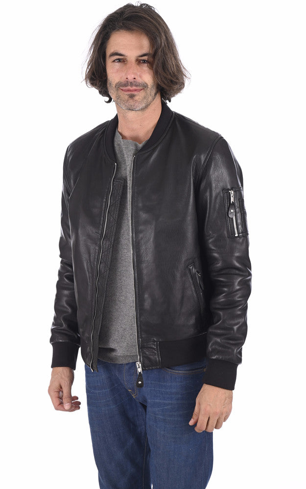 Men's Ink Black Bomber Leather Jacket