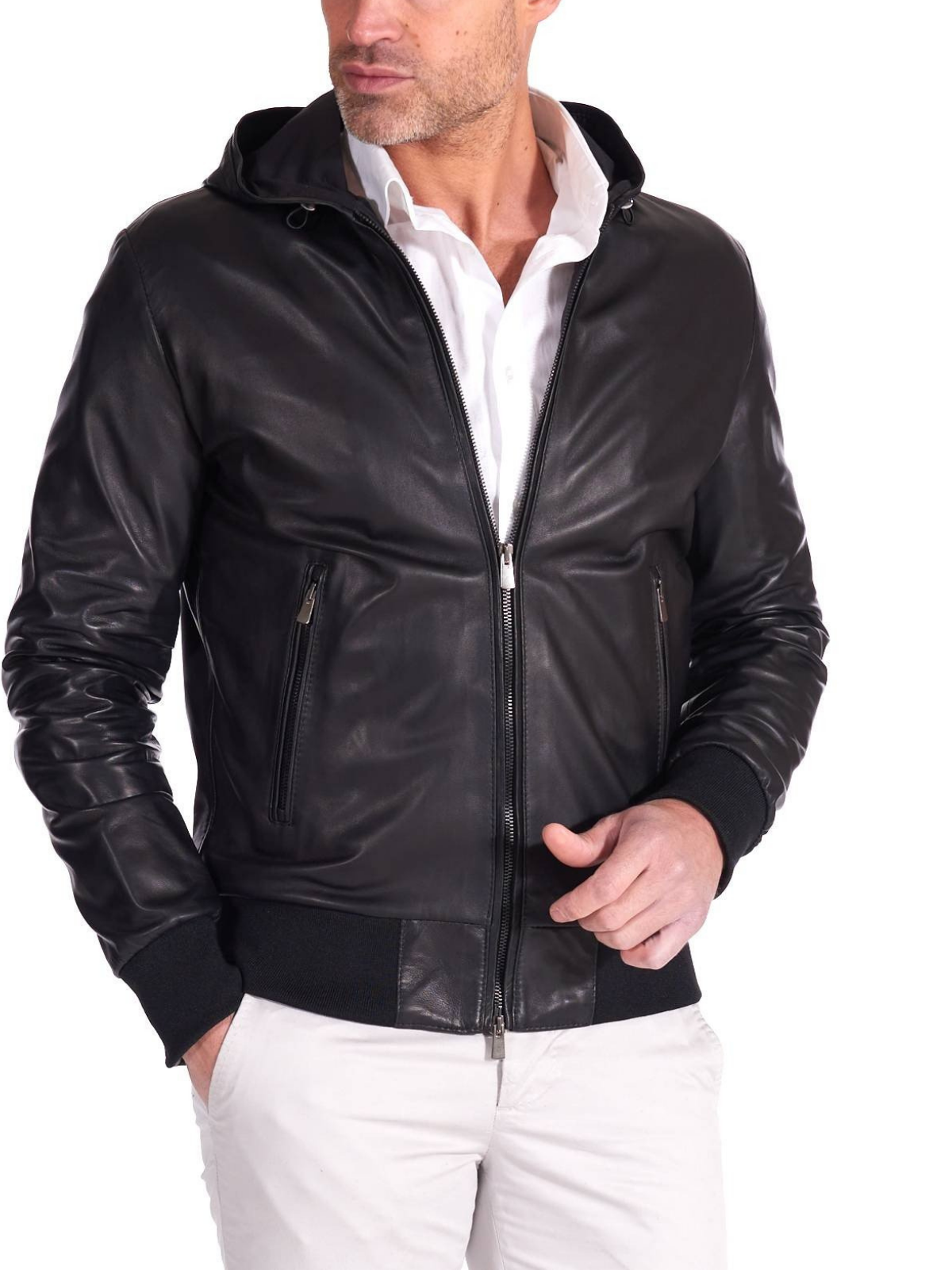 Mens Black Real Leather Hooded Biker Jacket