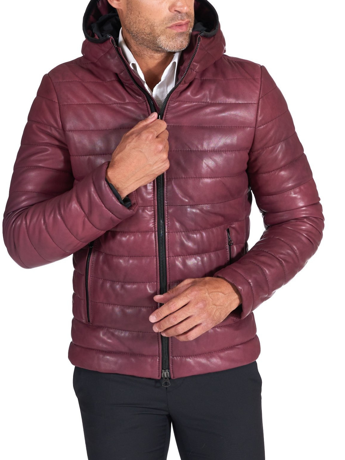 Men Maroon Sheep Leather biker hooded collar Jacket - Frozva