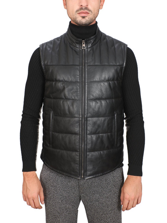 Men Black Real Leather Vest - Frozva.com