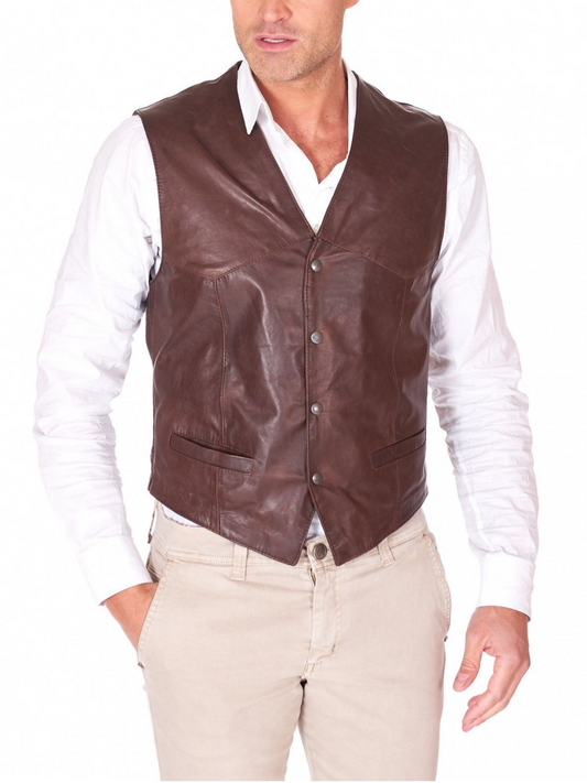 Brown Real leather Biker Vest For Men - Frozva.com