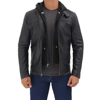 Men's Black Hooded Leather Jacket