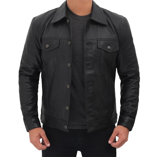 Men's Black Genuine Leather Trucker Jacket