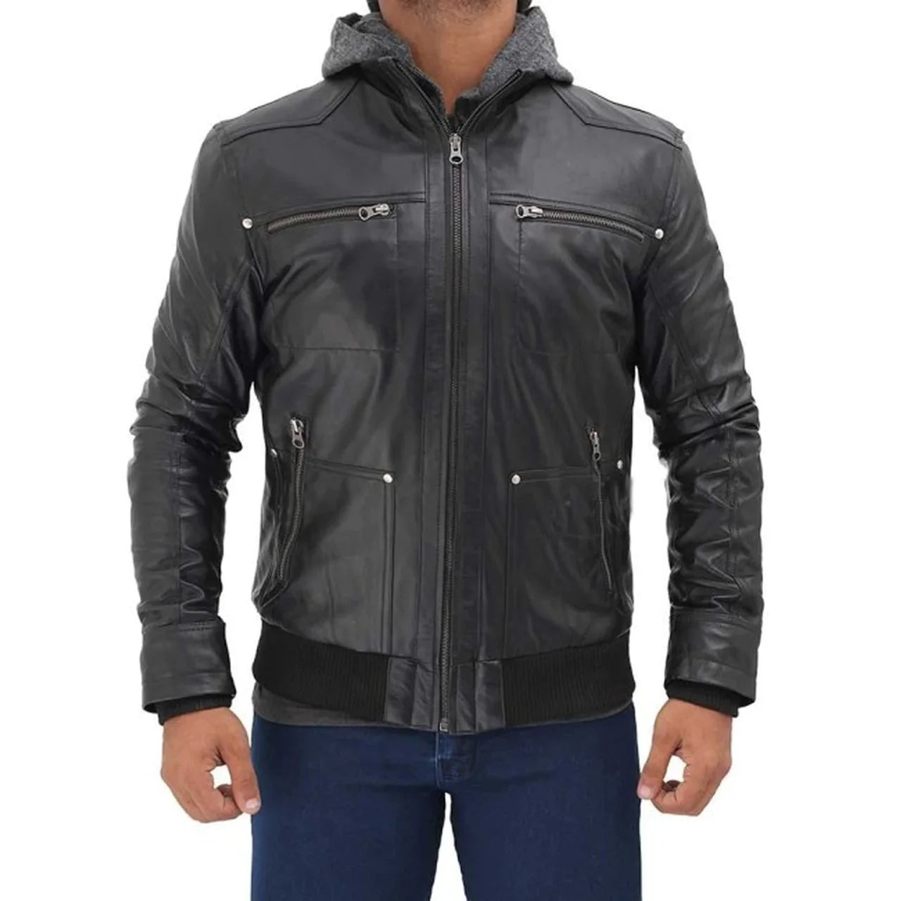 Men's Black Hooded Real Leather Jacket