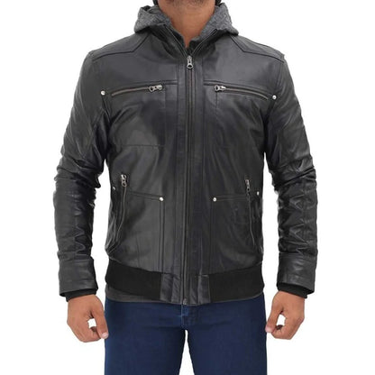 Men's Black Hooded Real Leather Jacket