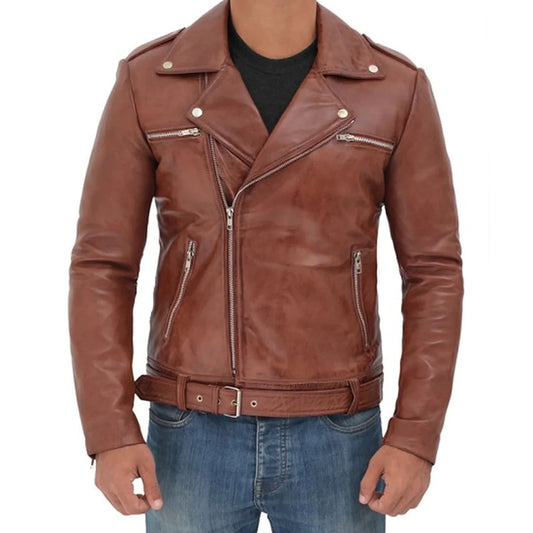 Men's Waist Belted Design Brown Motorcycle Jacket