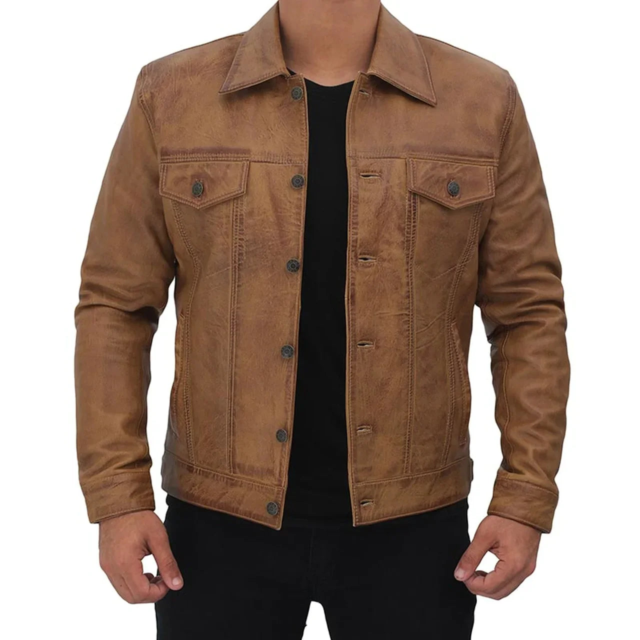 Men's Camel Brown Distressed Leather Trucker Jacket