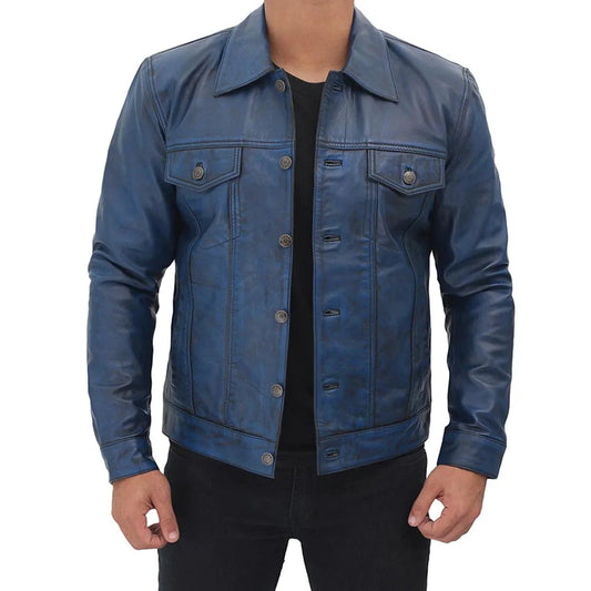 Men's Blue Trucker Distressed Leather Jacket