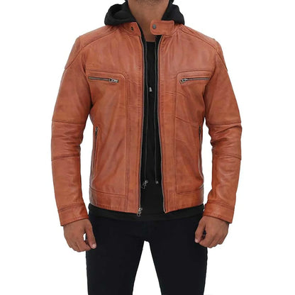 Men's Tan Hooded Leather Jacket