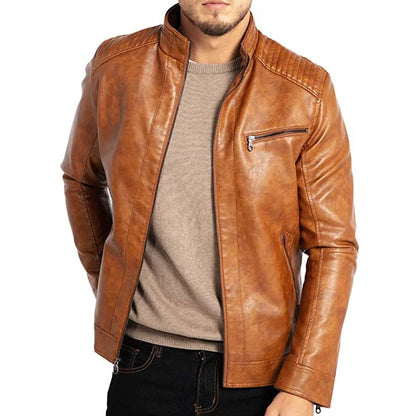 Men's Brown Stand Collar Leather Rider Jacket