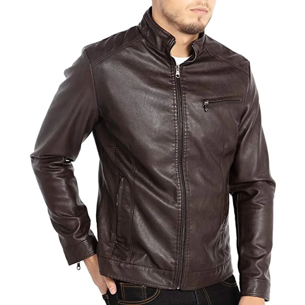 Men's Coffee Brown Stand Collar Leather Bikers Jacket