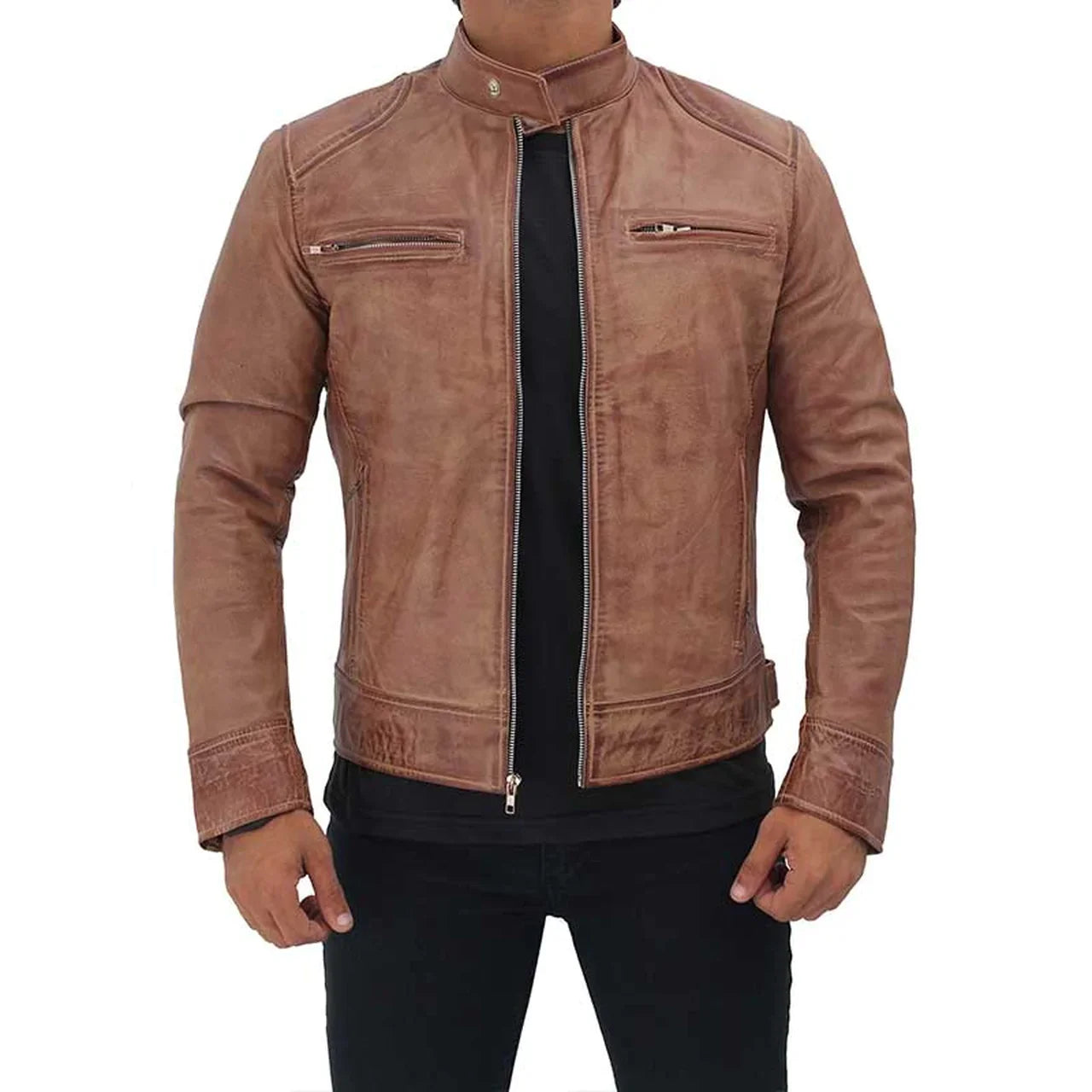 Men's Rib Brown Distressed Leather Biker Jacket