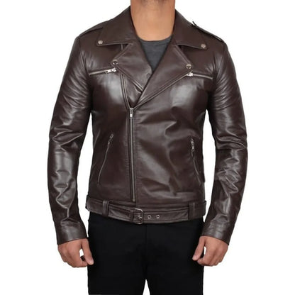 Men's Waist Belted Design Dark Brown Biker Jacket