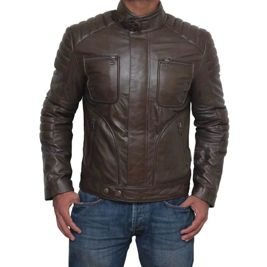 Men's Quilted Four Zipper Pocket Genuine Leather Biker Jacket