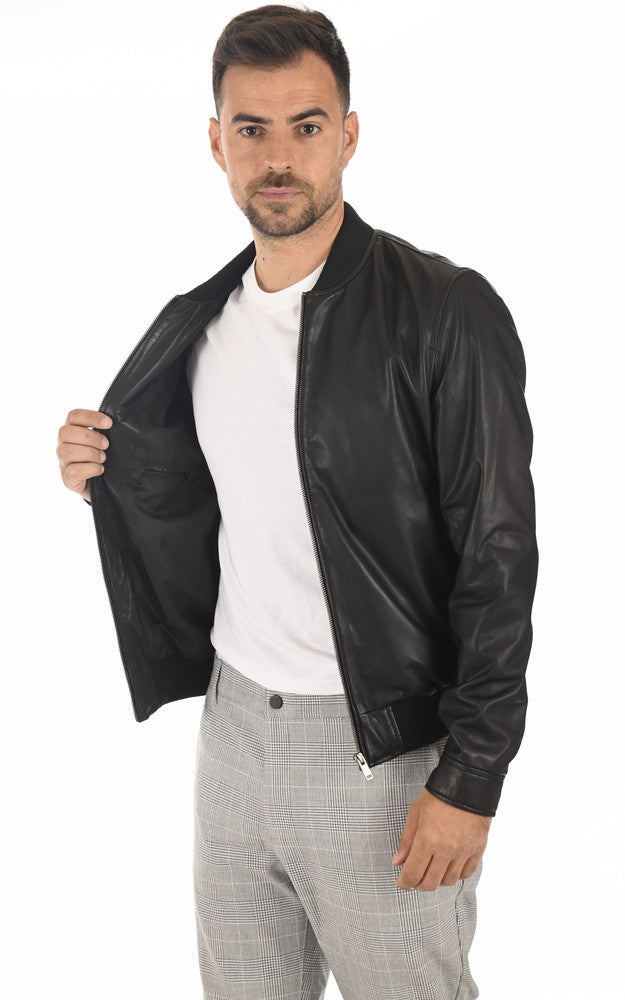 Men's Deep Black Bomber Leather Jacket