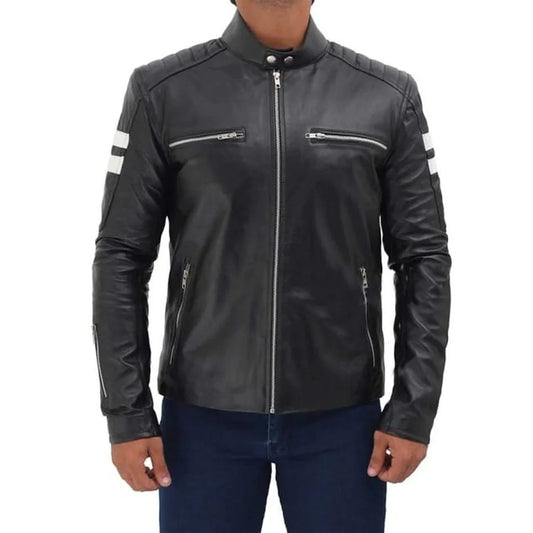 Men's Black Biker White Stripe Leather Jacket