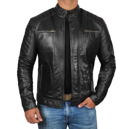 Men's Black Genuine Leather Biker Jacket - Frozva