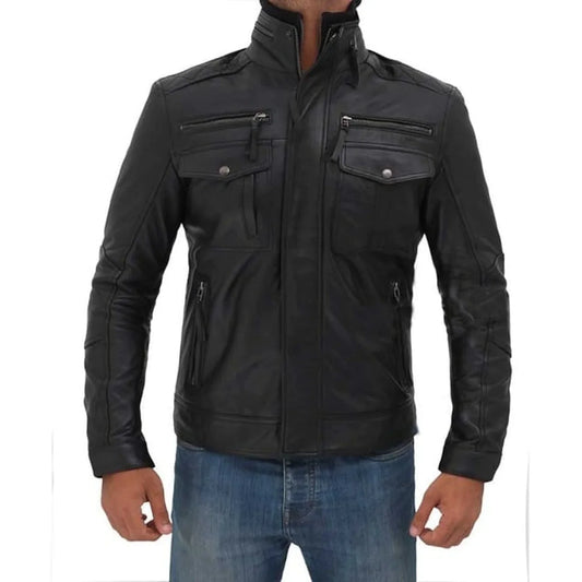 Men's Black Leather Multi Pocket Jacket