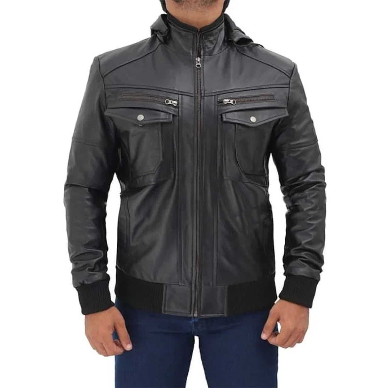 Men's Black Bomber Biker Hooded Leather Jacket