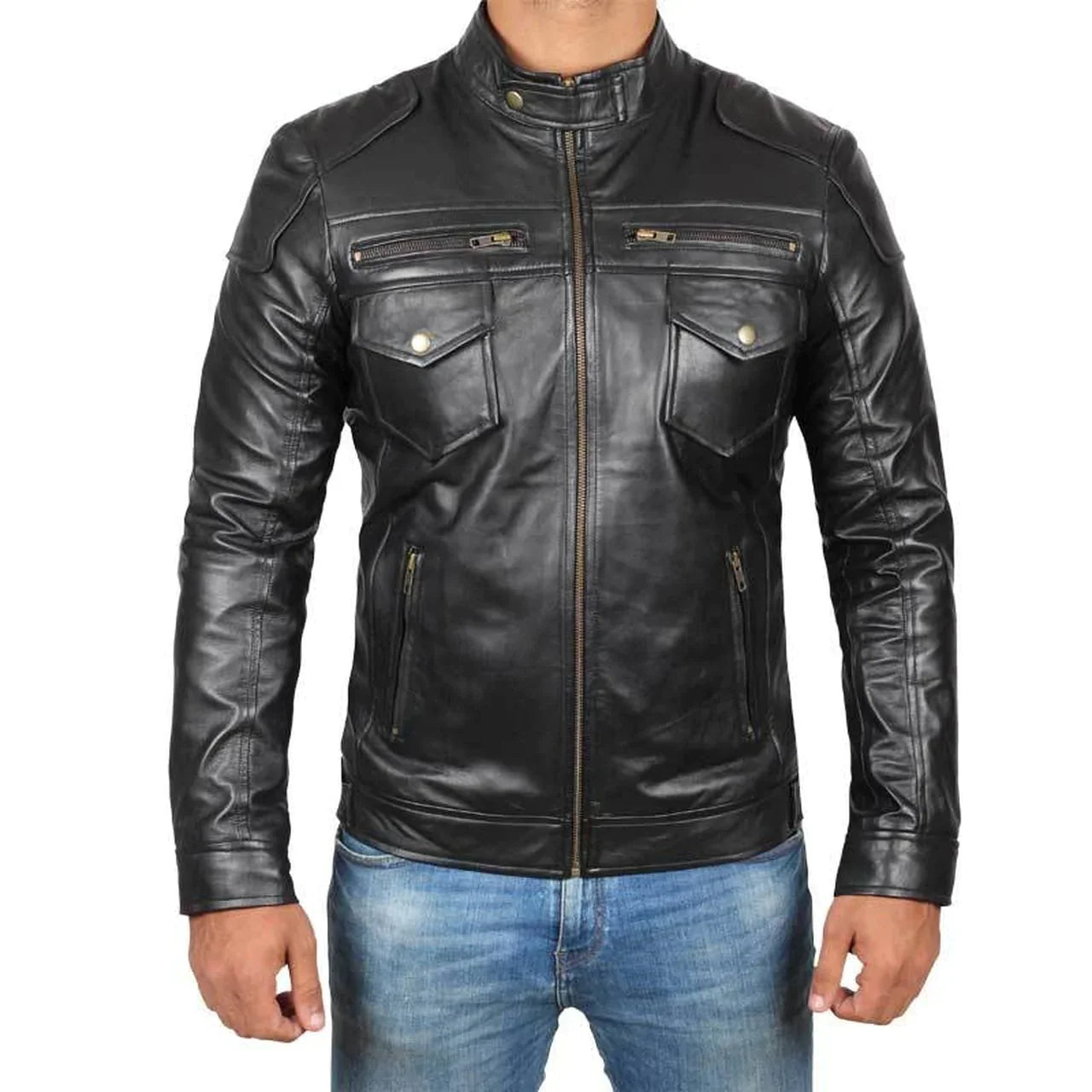 Men's Real Leather Plain Black Motorcycle Jacket