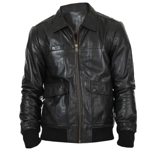 Men's Genuine Lambskin Black Bomber Biker Jacket