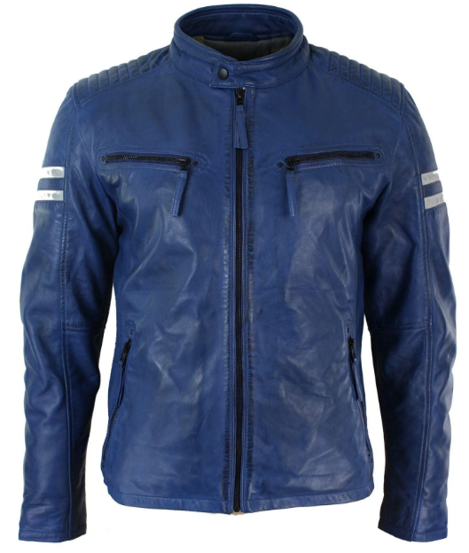 Mens Real Leather Biker White Striped Sleeves Blue Jacket