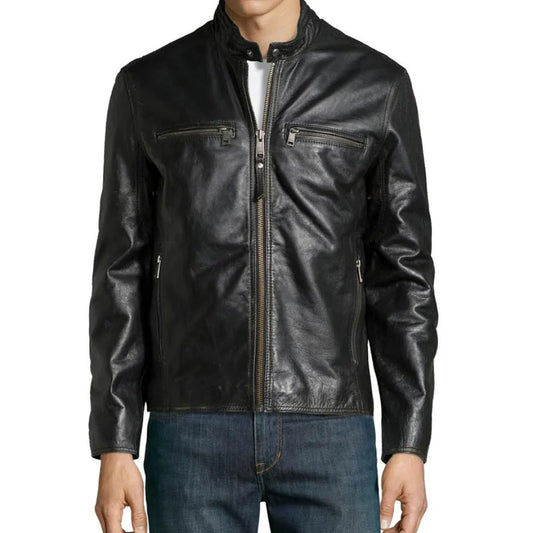 Men's Button Up Black Leather Motorcycle Jacket