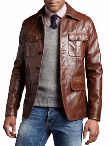 Men's Brown Leather Cafe Racer Blazer Coat