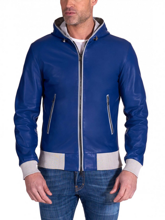 Black Leather Mens biker Blue hooded collar Jacket - Frozva