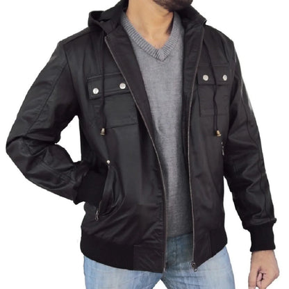 Solo Bomber Fixed Hooded Black Leather Jacket