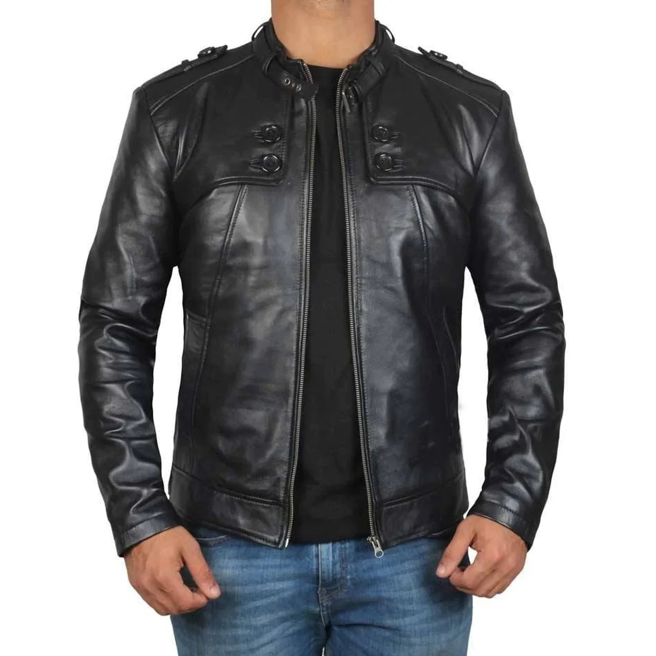 Men's Black Belted Collar Genuine Leather Biker Jacket