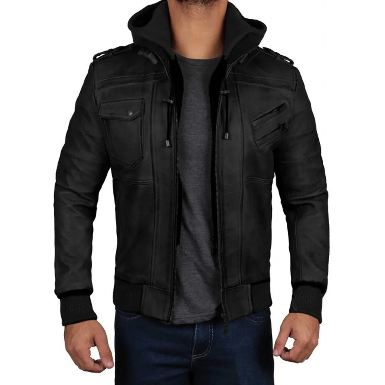 Men's Black Hooded Real Leather Jacket