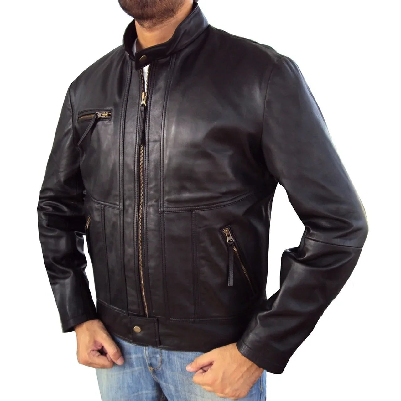 Men's Short Regular Fit Black Leather Jacket