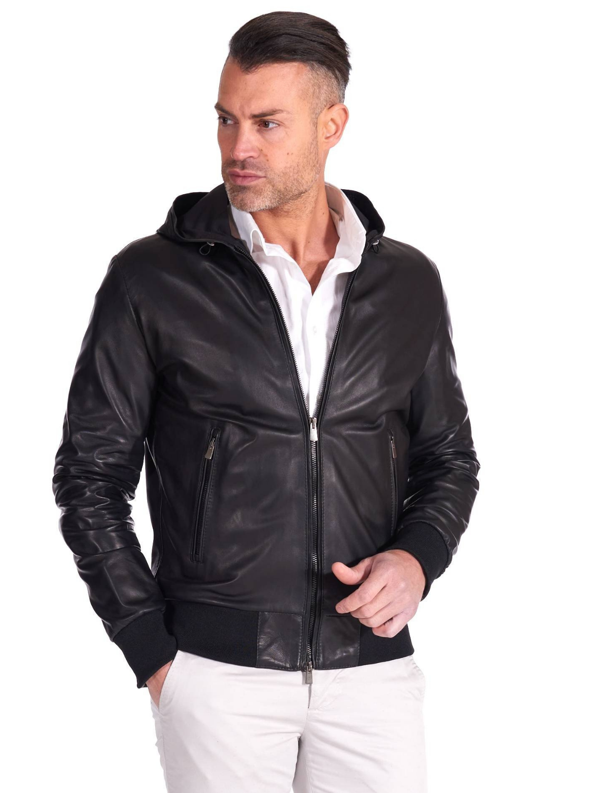 Mens Black Real Leather Hooded Biker Jacket