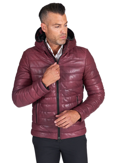 Men Maroon Sheep Leather biker hooded collar Jacket - Frozva