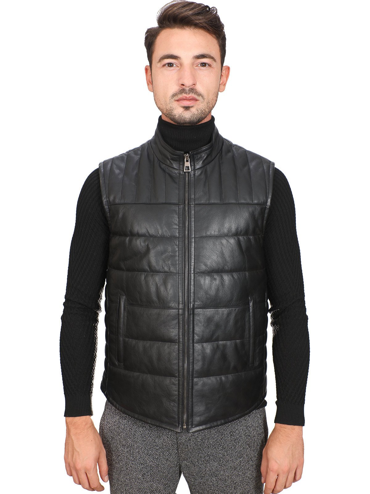 Men Black Real Leather Vest - Frozva.com