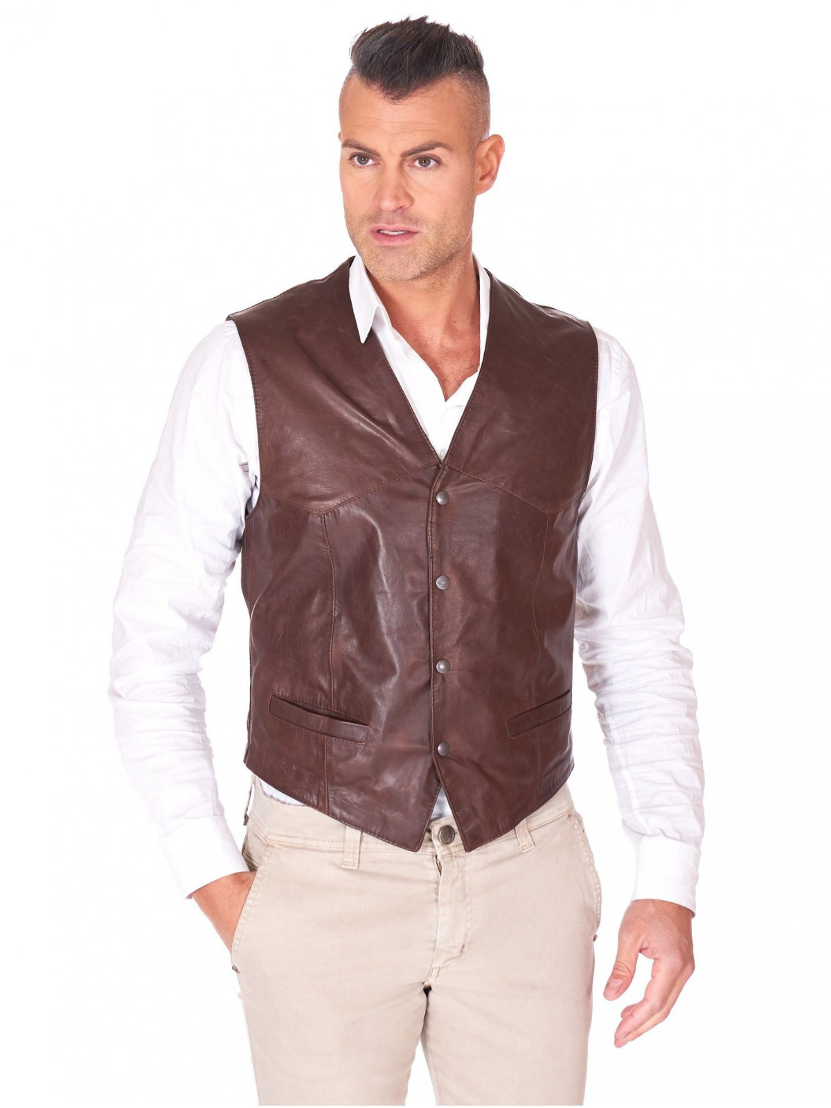 Brown Real leather Biker Vest For Men - Frozva.com