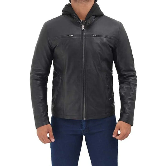 Men's Black Hooded Leather Jacket