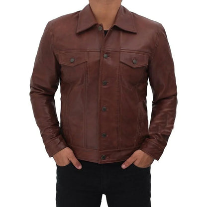 Men's Brown Genuine Leather Trucker Jacket