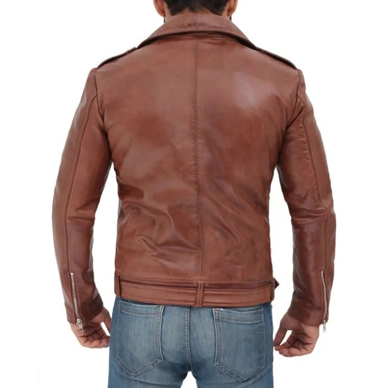 Men's Waist Belted Design Brown Motorcycle Jacket